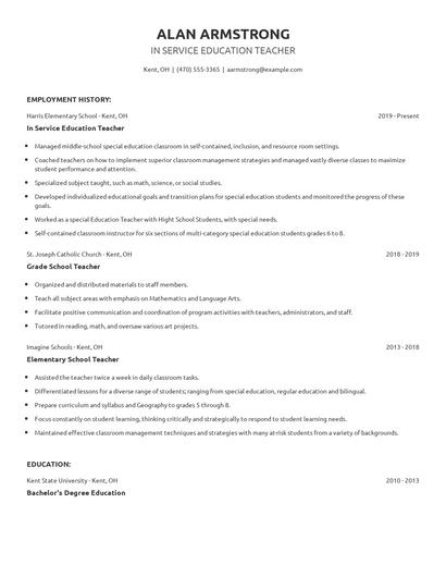 In Service Education Teacher Resume