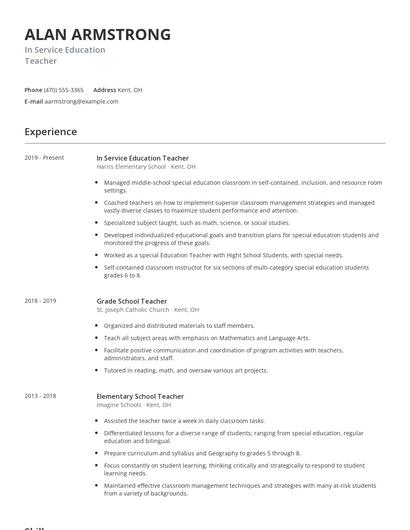 In Service Education Teacher Resume