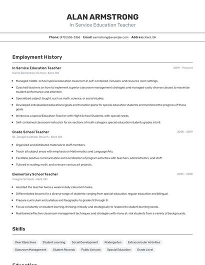 In Service Education Teacher Resume