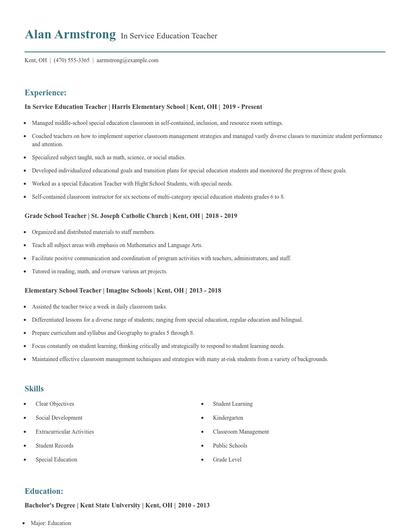 In Service Education Teacher Resume