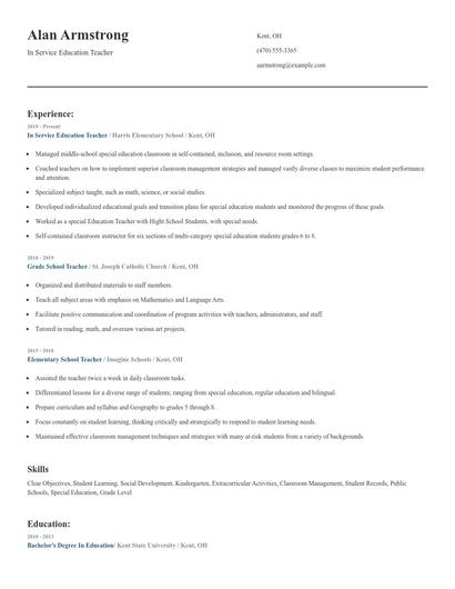 In Service Education Teacher Resume