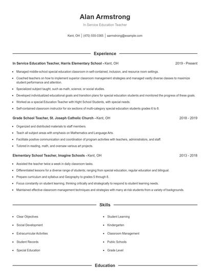 In Service Education Teacher Resume