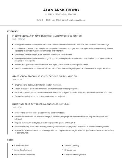 In Service Education Teacher Resume