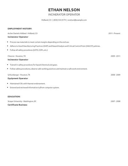 Incinerator Operator Resume