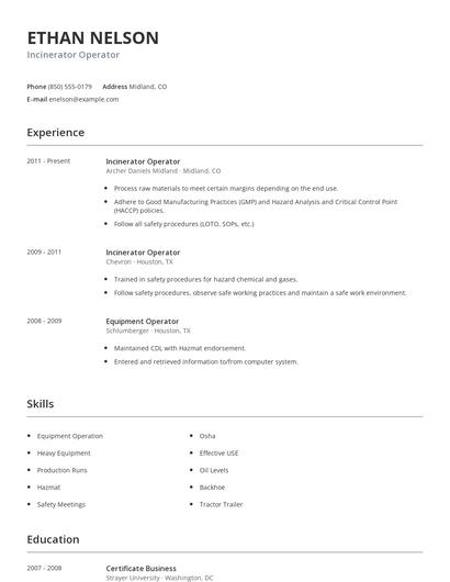 Incinerator Operator Resume