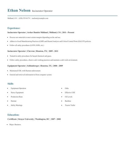 Incinerator Operator Resume
