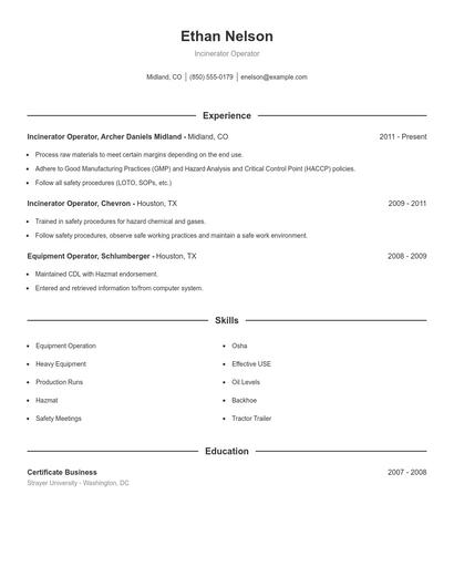 Incinerator Operator Resume