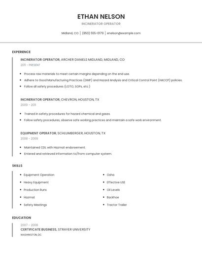 Incinerator Operator Resume