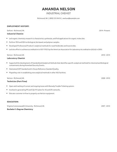 Industrial Chemist Resume