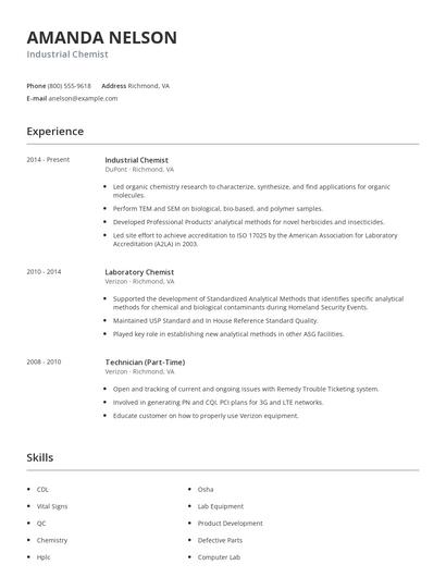 Industrial Chemist Resume