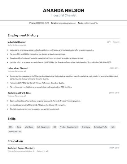 Industrial Chemist Resume