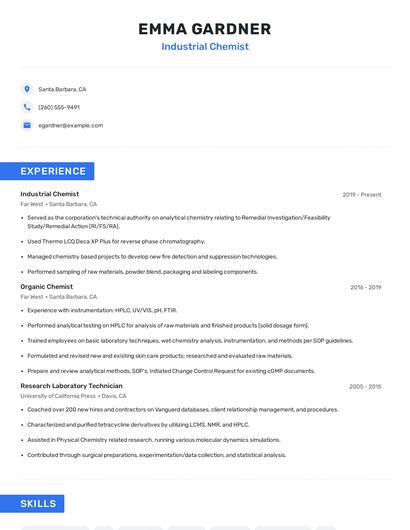Industrial Chemist Resume