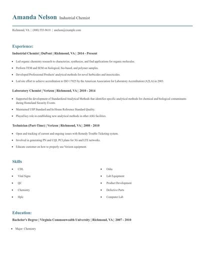 Industrial Chemist Resume