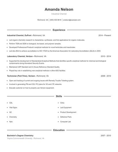 Industrial Chemist Resume