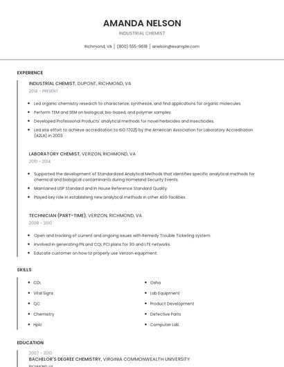 Industrial Chemist Resume