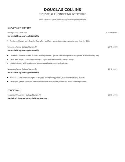 Industrial Engineering Internship Resume