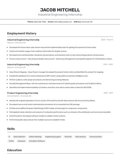 Industrial Engineering Internship Resume