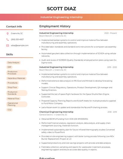 Industrial Engineering Internship Resume