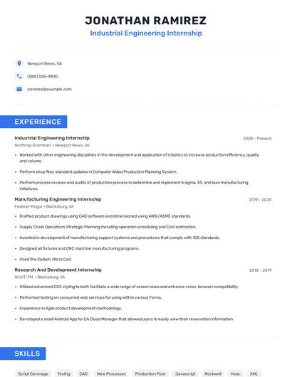 Industrial Engineering Internship Resume