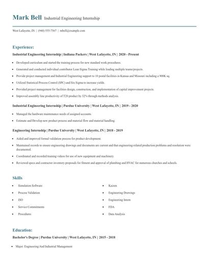Industrial Engineering Internship Resume