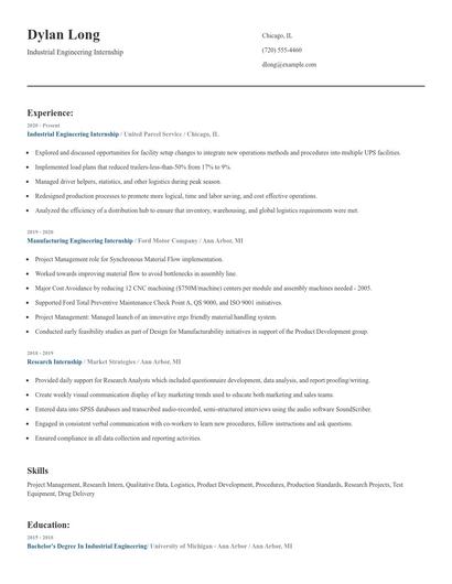 Industrial Engineering Internship Resume