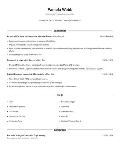 Industrial Engineering Internship Resume