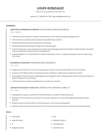 Industrial Engineering Internship Resume