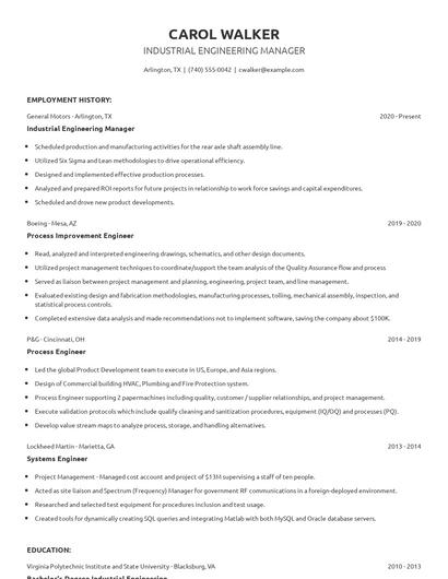 Industrial Engineering Manager Resume