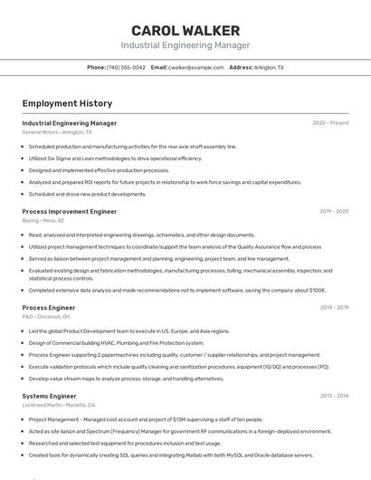 Industrial Engineering Manager Resume