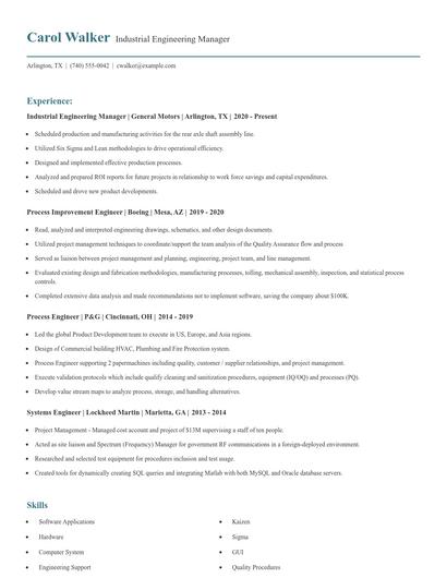 Industrial Engineering Manager Resume