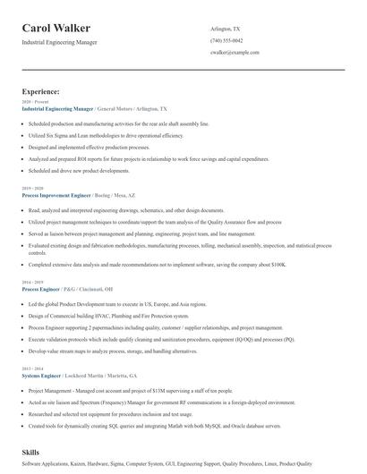 Industrial Engineering Manager Resume