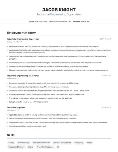 Industrial Engineering Supervisor Resume