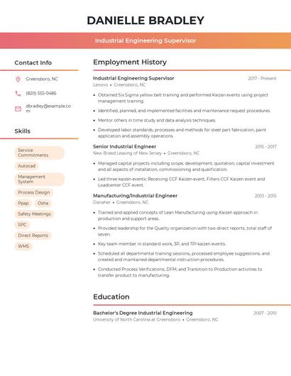 Industrial Engineering Supervisor Resume