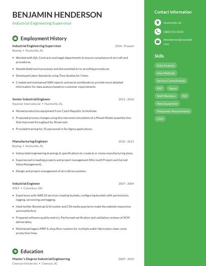 Industrial Engineering Supervisor Resume
