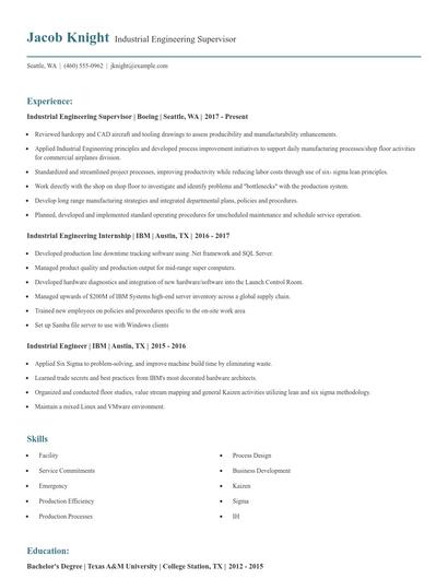 Industrial Engineering Supervisor Resume