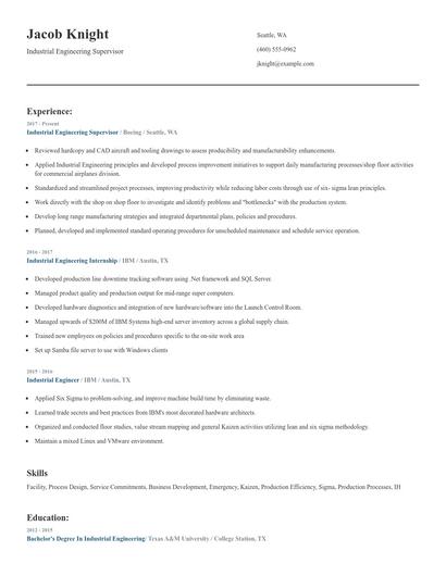Industrial Engineering Supervisor Resume