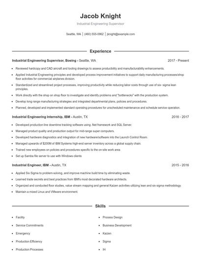 Industrial Engineering Supervisor Resume