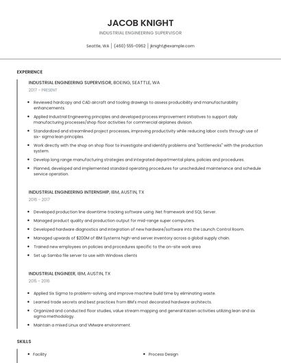 Industrial Engineering Supervisor Resume