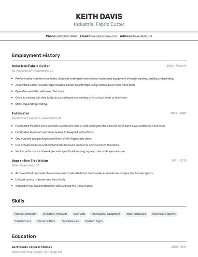 Industrial Fabric Cutter Resume