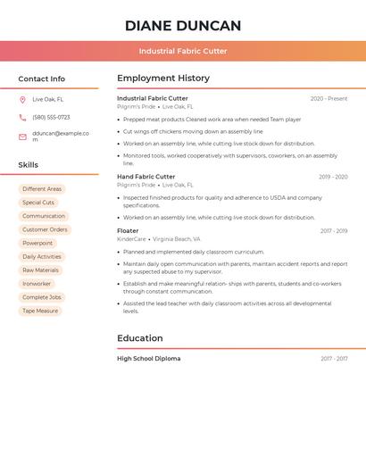 Industrial Fabric Cutter Resume