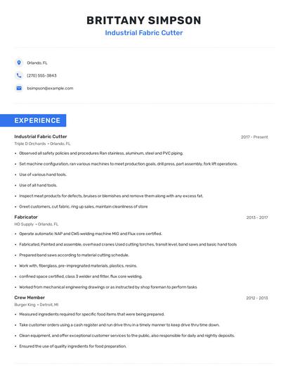 Industrial Fabric Cutter Resume