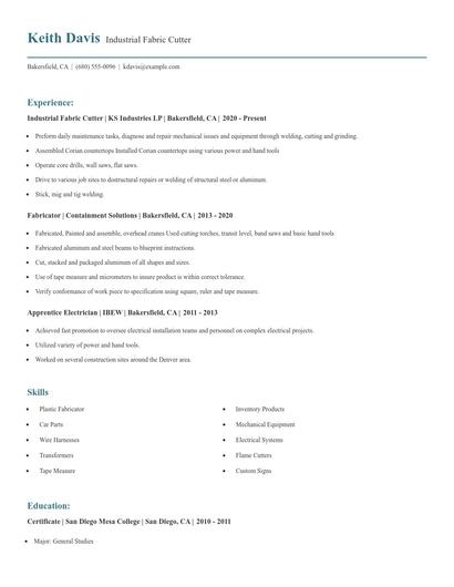 Industrial Fabric Cutter Resume