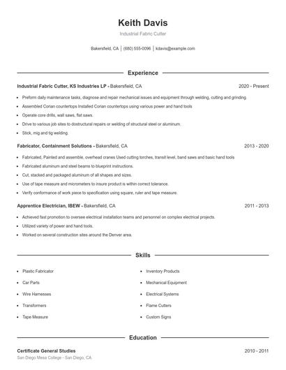 Industrial Fabric Cutter Resume