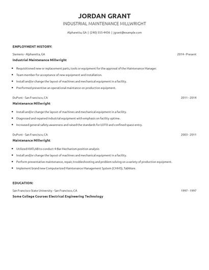 Industrial Maintenance Millwright Resume