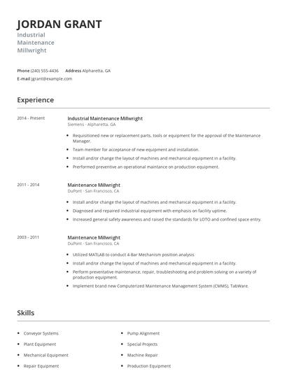 Industrial Maintenance Millwright Resume