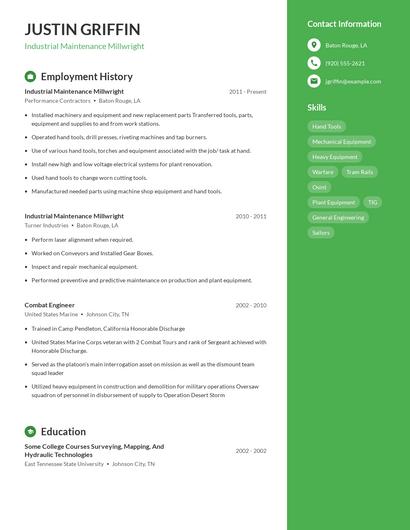 Industrial Maintenance Millwright Resume