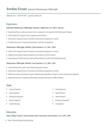 Industrial Maintenance Millwright Resume