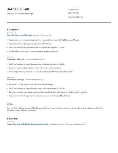 Industrial Maintenance Millwright Resume