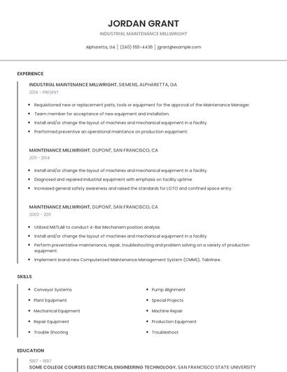 Industrial Maintenance Millwright Resume