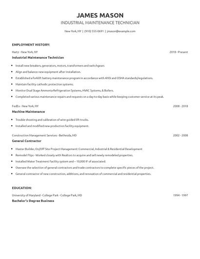 Industrial Maintenance Technician Resume